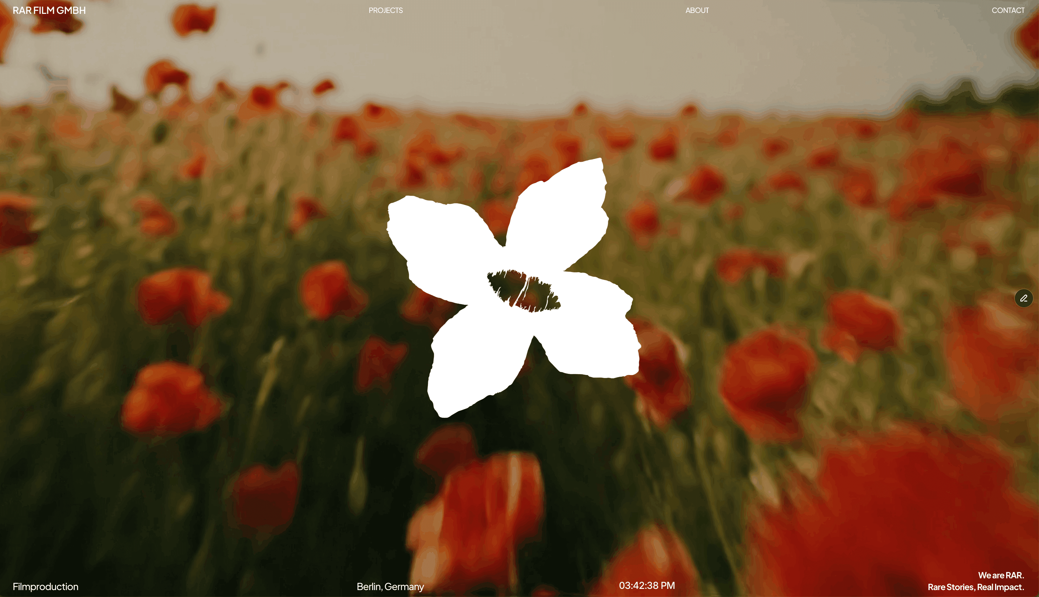 Screenshot of the RAR Film GmbH website homepage, featuring a blurred red poppy field background, white navigation text, and a large white flower-shaped logo centered on the page.